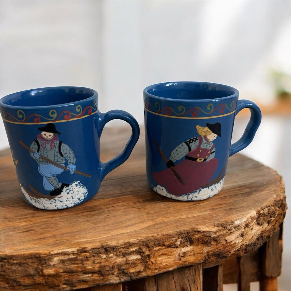 Artisan Signed Scandinavian Ski Mugs Pair Alpine Folk Art Studio Pottery OOAK